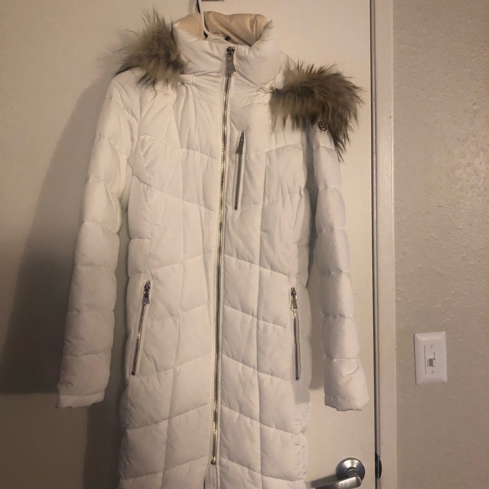 Calvin Klein white puffer jacket with fur hood
